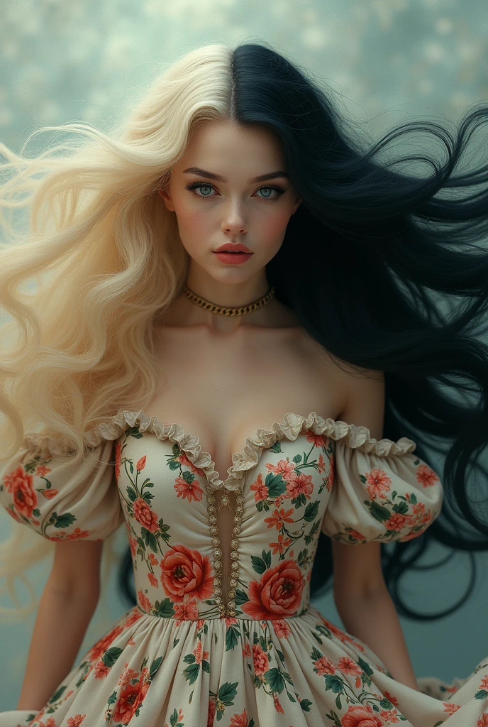 A woman with flower dress amd half blonde and half black hair
