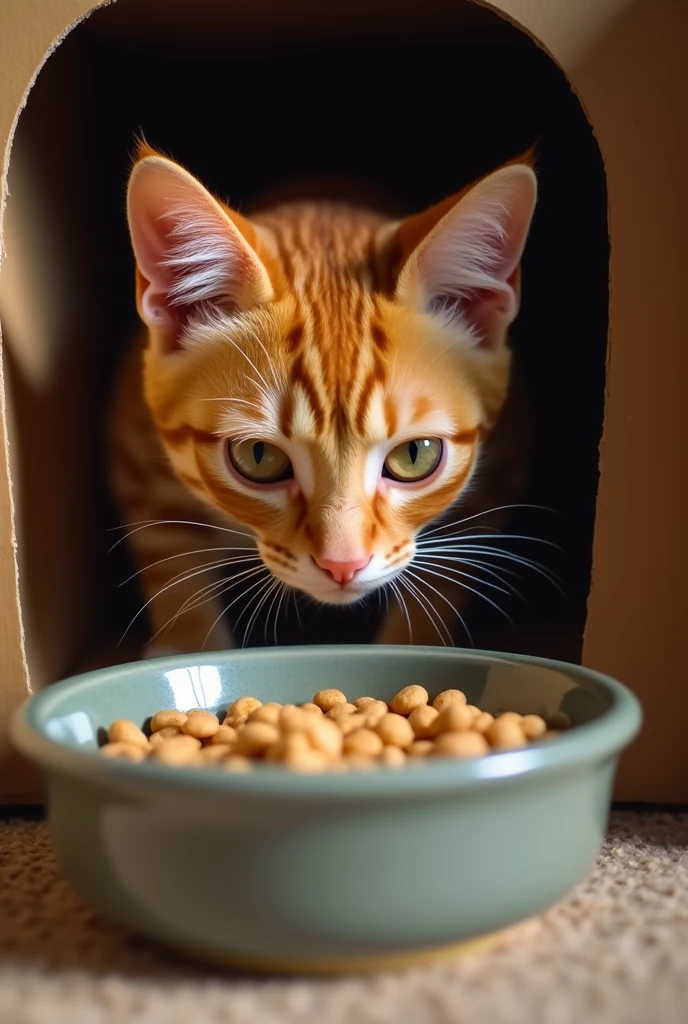 A compassionate person notices the cat and gently places a bowl of food and water near it. The cat peeks out cautiously from the box. The cat is ginger colour