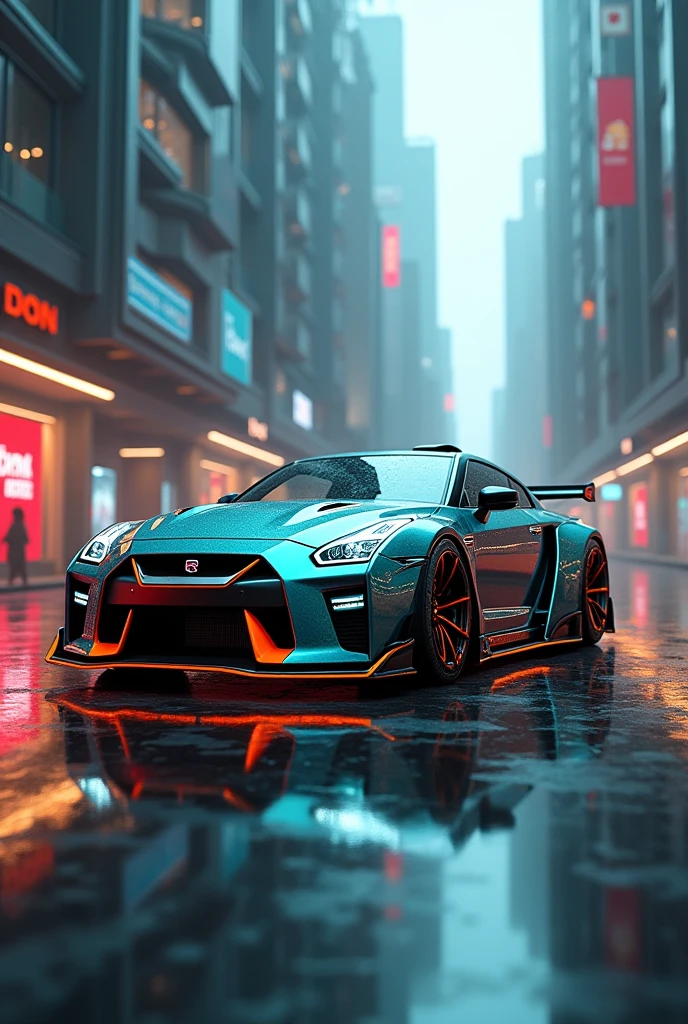 Cyber nisan gtr with orange and teal colour lights with buildings and shiny floor make it more goodlooking