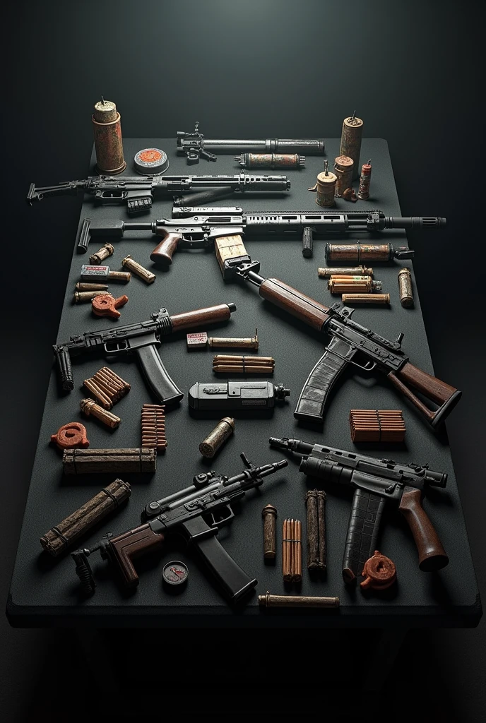 a table full of weapons bombs and having a black background m416 akm sniper


