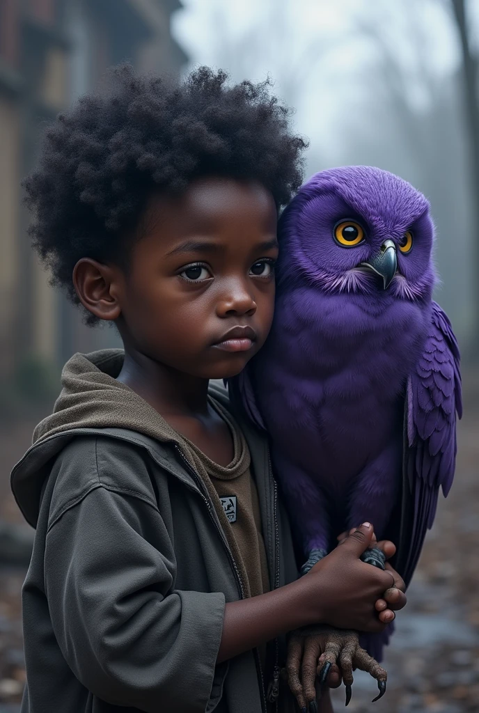 Sad and poor black boy with a purple owl by his side