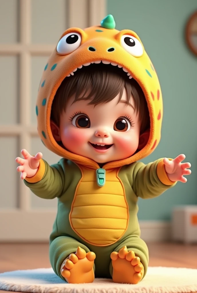 Create an animated photo of a one year old, with short straight brown hair, brown eyes and white skin, dressed in a dinosaur outfit, inviting to your birthday