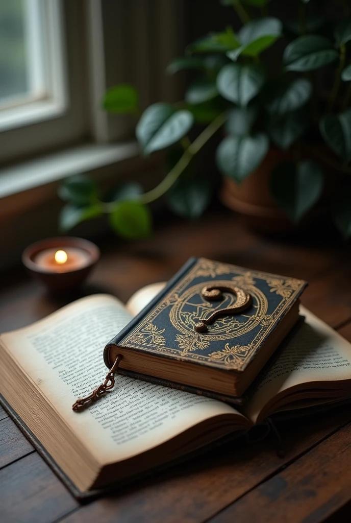 Create a photo for your tiktok profile, I want in the photo a closed almanac on a table with a question mark on the cover, on a table with a viewing angle that allows you to see the pages of the almanac.