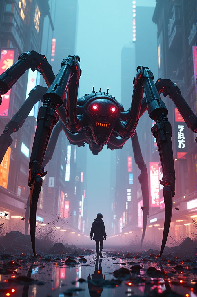 A robotic giant ruttile spider distroying the neon buildings around the city with its legs.