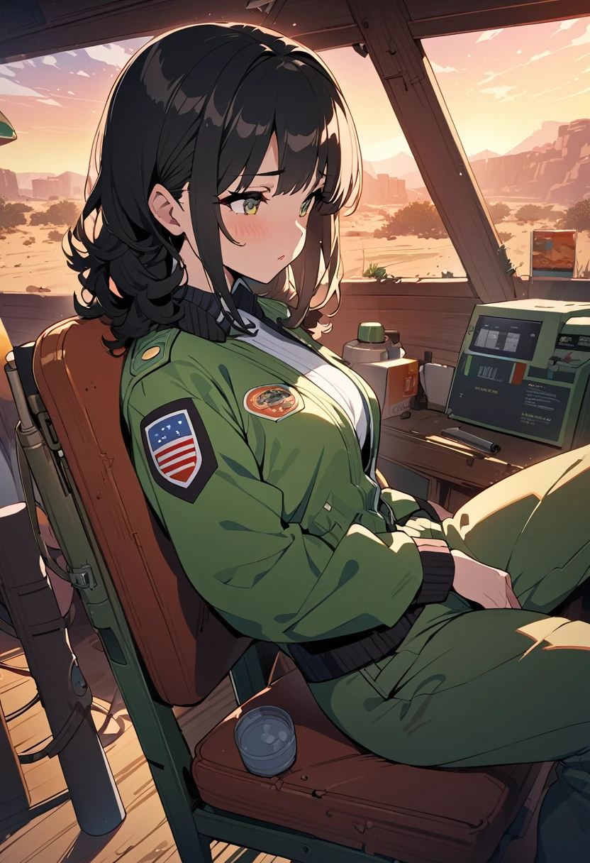 ((masterpiece、Highest quality、High resolution、8k、Anatomically correct human body))、desert、gas station、Beautiful sunset、(One female pilot、Black Hair、Perm Hair、Green flight jacket、Dark brown flight pants、Resting on a rusty chair、Lean the rifle against a chair)、(((80’s Japanese cel anime)))、Pop character、