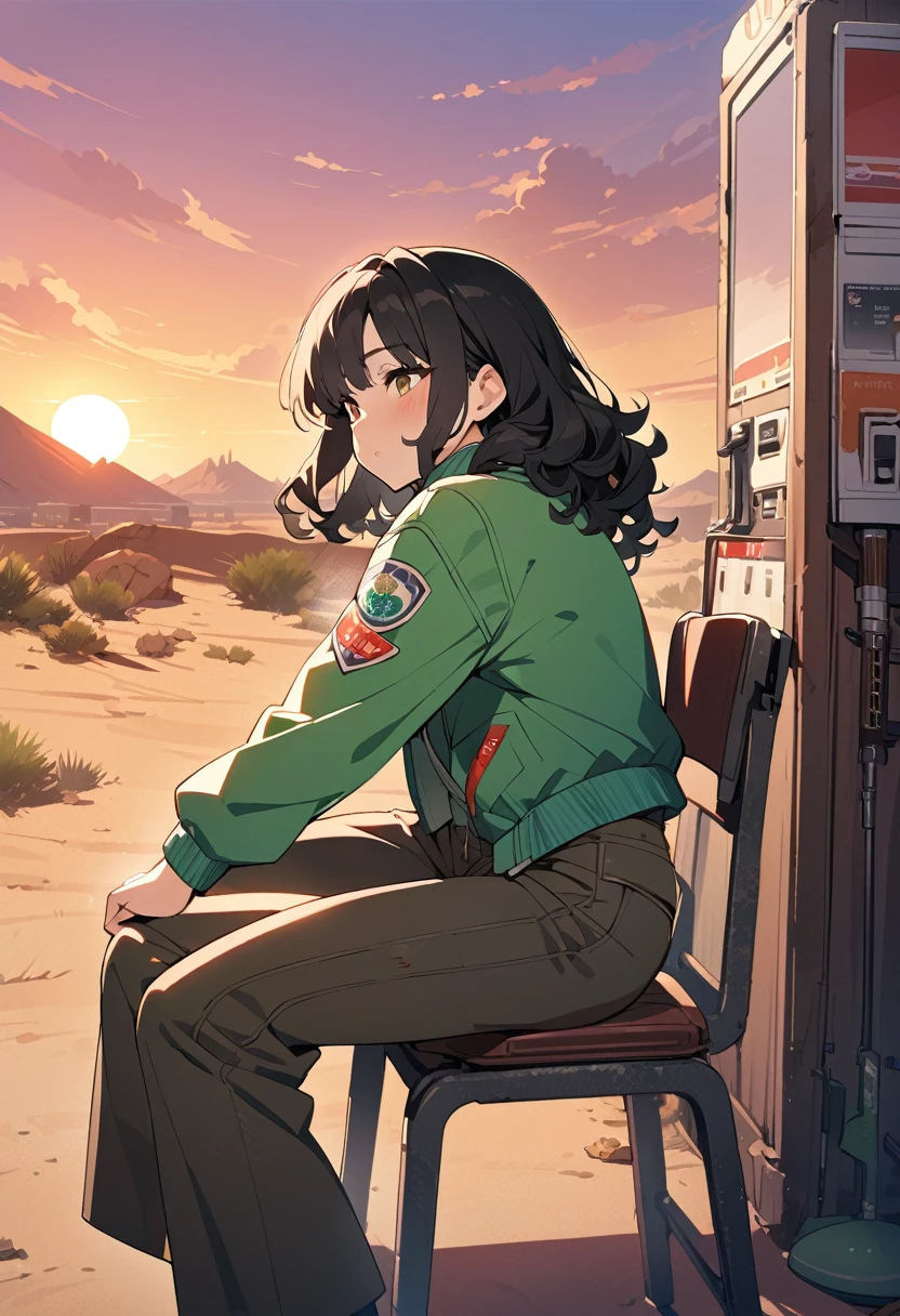 ((masterpiece、Highest quality、High resolution、8k、Anatomically correct human body))、desert、gas station、Beautiful sunset、(One female pilot、Black Hair、Perm Hair、Green flight jacket、Dark brown flight pants、Resting on a rusty chair、Lean the rifle against a chair)、（((80’s Japanese cel anime)))、Pop character、