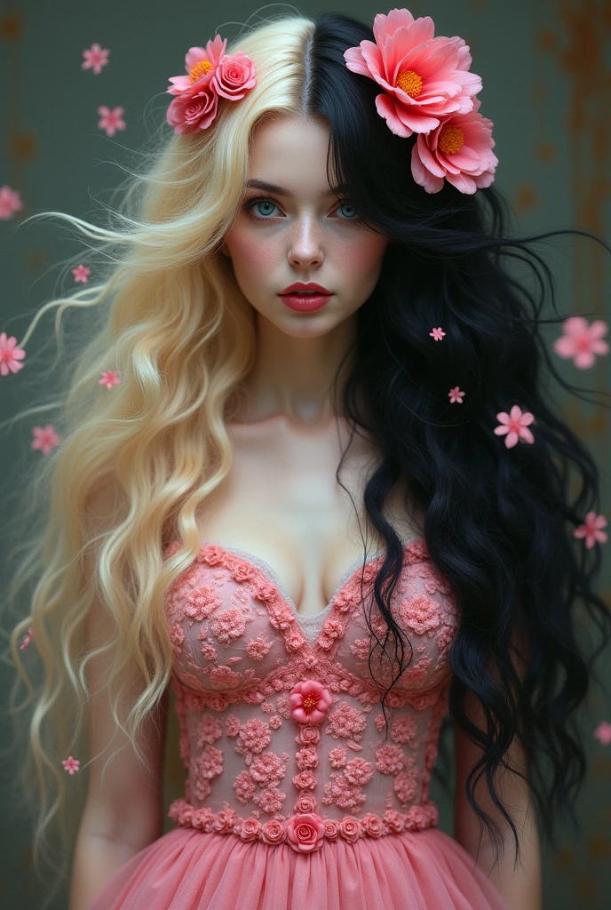 A woman with pink flower dress amd with half blonde and half black hair
