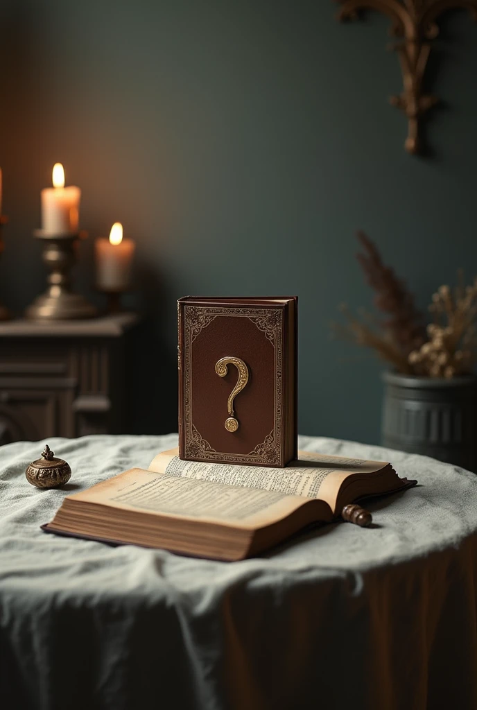 Create a photo for your tiktok profile, I want in the photo a closed almanac on a table with a question mark on the cover, on a table with a viewing angle that allows you to see the pages of the almanac.
