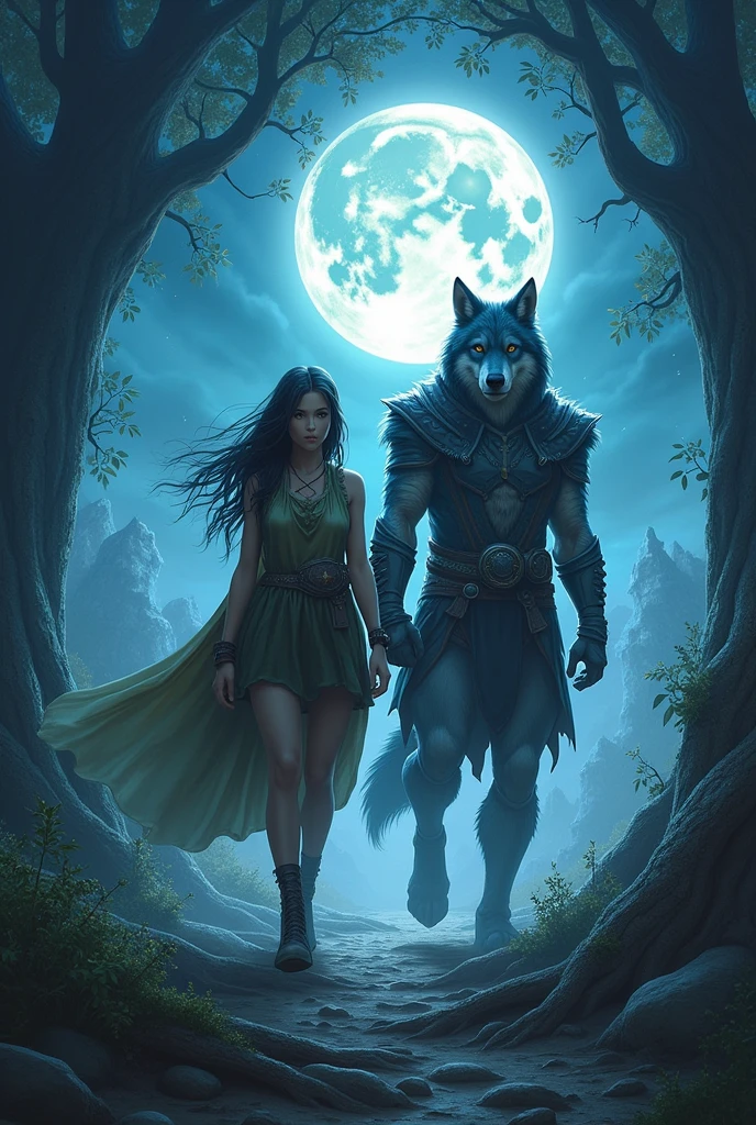 A teenage girl who goes on an adventure in the Moonlit Land with a werewolf king dressed in an ancient warrior costume. There are nerves and dimensional gates under the roots of a giant tree.