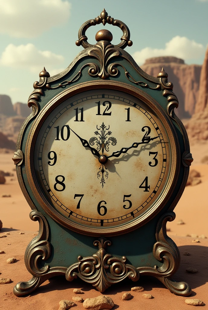 Image of condemned time on an old but beautiful clock with a background that shows that it is from a very old time, with a desert background