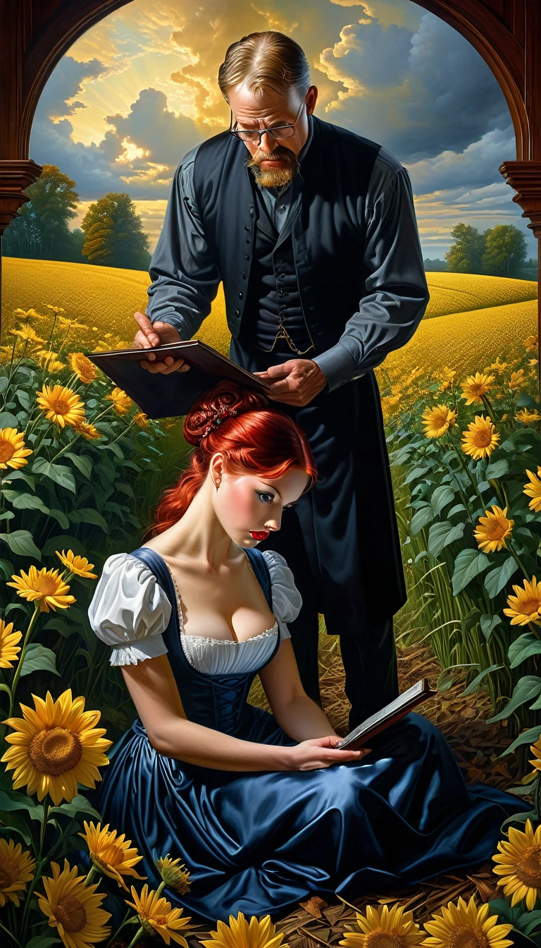 art by Phil Koch, Meghan Howland Dark Mistresses, man begging for a woman's love, woman with a look of contempt, man offers a bouquet of flowers, dramatic atmosphere, desperation, look of the man of suffering, dominant color dark blue, Gothic style noir highly detailed art luminism, ultra highly detailed, 32 mil, Complex background of fantastic realism, dynamic lighting, lights, digitalpainting, pose complexa, highly detailed intricate