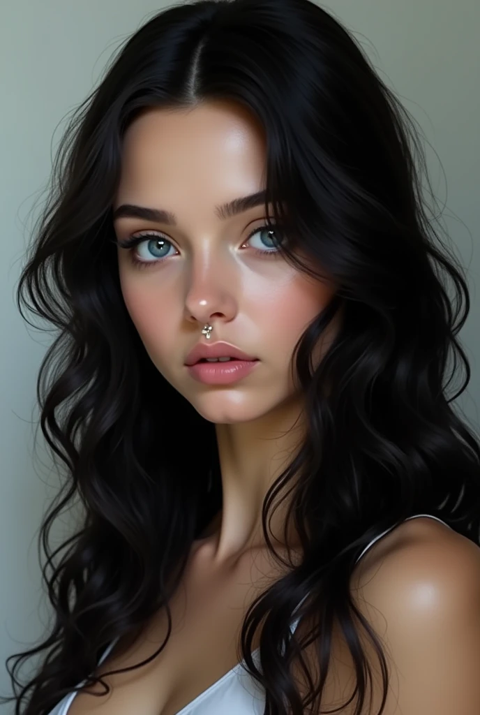 Young woman with long, short, wavy hair, blue eyes, little white makeup, nose piercing