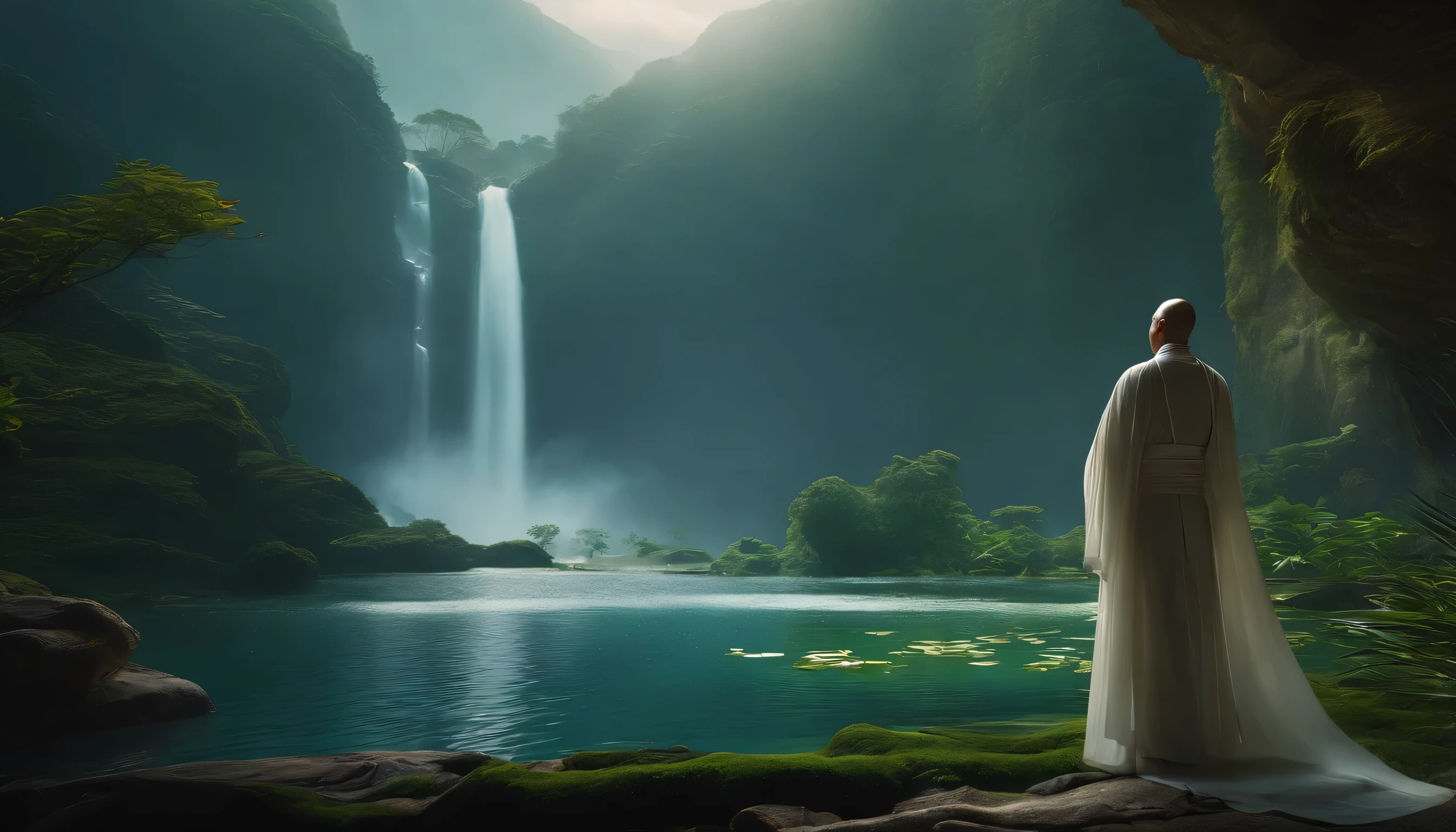 Highly detailed film water and ocean palette, a bald monk standing at the water's edge in white Hanfu, a huge green snake, A huge lotus flower on white, a very tall waterfall, exquisite facial details, floodlight lights, perfect composition, surreal, ultra detali, 8k, high qualiy, Clear focus, details Intricate, highy detailed, dynamic lighting, detailed and complex environment,