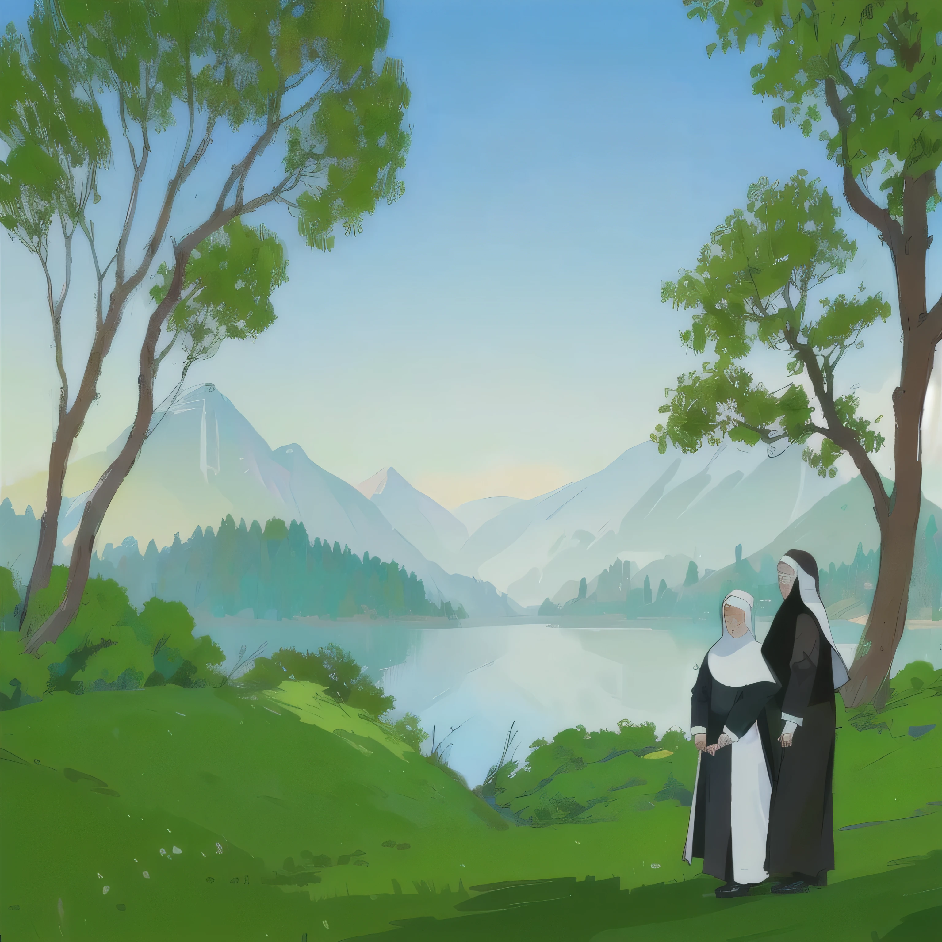 A nun and a priest walking amid nature and two large trees, drawing style, cartoon style. A lake.