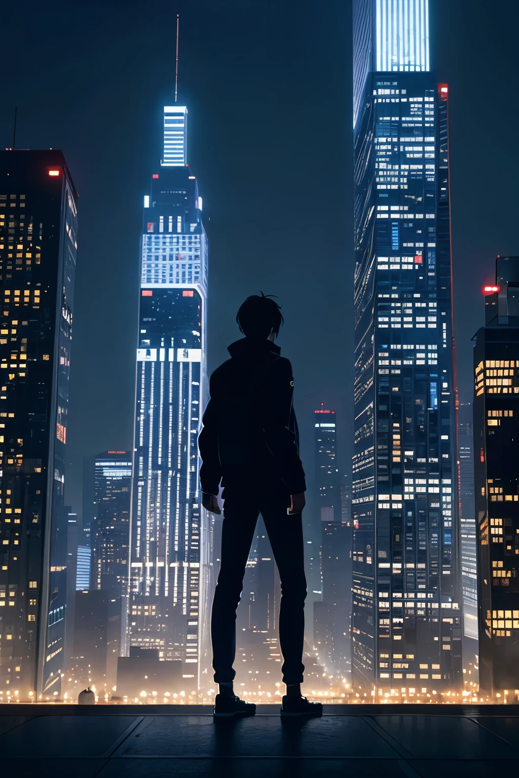 A cityscape at dusk with towering skyscrapers, each window lit up with identical glowing screens. People walk through the streets, all of them with their faces buried in their smartphones, oblivious to their surroundings. Above them, the sky is filled with floating icons representing social media, consumerism, and money, casting a shadow over the city. In the background, a lone figure stands at the edge of the city, looking out towards a distant mountain range, symbolizing the search for meaning beyond the shallow distractions of modern life.