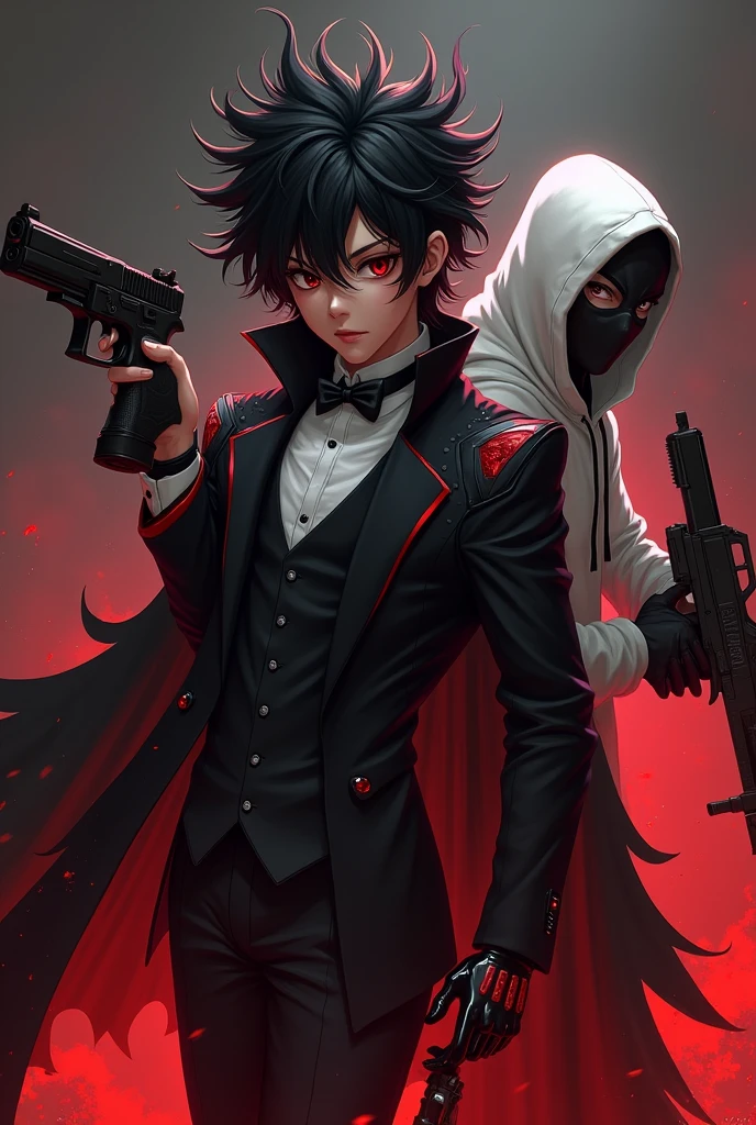 **hair**: I might have dark, messy hair, with pointed tips resembling flames or shadows, giving it a dynamic and powerful look. **CLOTHES**: He would wear a long, dark cloak, maybe with red details, that floats dramatically around him. stylized in the shoulders and arms. **Accessories**: I could wear a pair of gloves with shiny details, and maybe a mask that covers part of your face, adding a mysterious air. . **Posture**: I would be in a pose of action power or controlling dark elements. . **bottom**: A dark background or red and black tones, that highlights the contrast with the character, giving a feeling of intensity and strength. He is young in a tuxedo-type suit and has a Tommy gun and next to him is his friend in a white sweatshirt mixed with dark and wears normal glasses with dark eyes with a gun in his hand and has disheveled hair. He is a young man, there are only 2 in the image, one of them is wearing a white hood with black mixed in and they do not wear glasses. Both of them kill people.