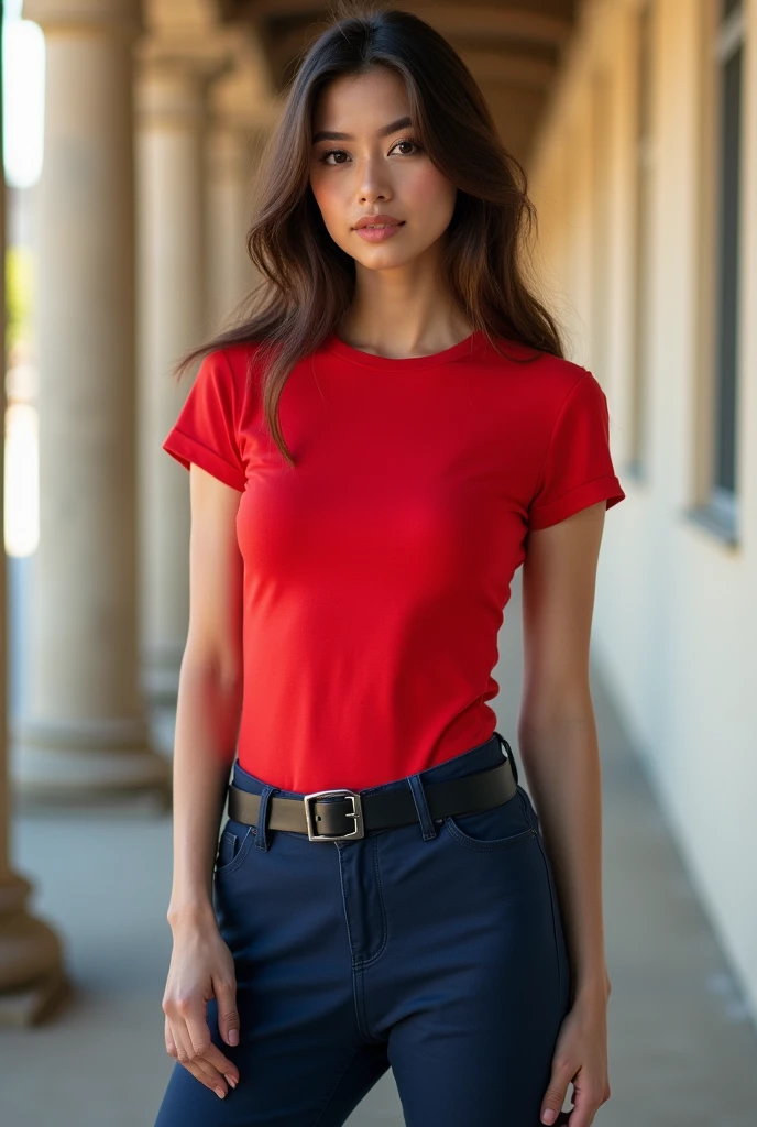 woman with red short sleeve shirt, navy blue pants, black belt and black shoes