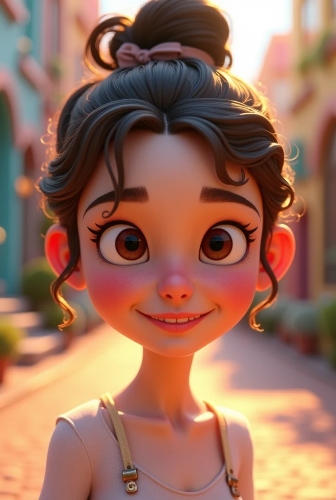 Pixar style image with large forehead with small brown eyes of 3D character, Light brunette woman , hair curled and tied in a bun and , Disney makeup