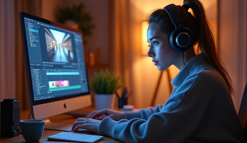 A young, focused woman is sitting in front of a computer, editing a video. She wears large, modern headphones, and your gaze is focused on the monitor, which displays a video editing software interface with multiple audio and video tracks, effects and editing tools. The environment is a cozy and well-organized work studio, with soft light illuminating the space. next to the computer, there is a table with notes, pens and a cup of coffee, suggesting that she is working hard. The woman has a relaxed look, with hair tied in a bun or ponytail, wearing a comfortable sweater. Monitor lighting reflects on your face, highlighting his concentration and dedication to the editing project."