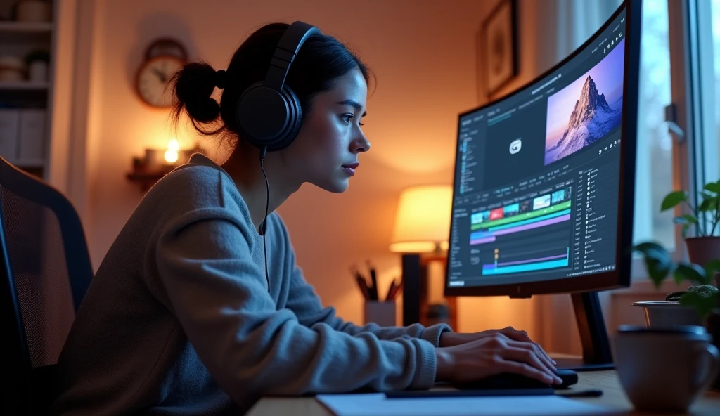 A young, focused woman is sitting in front of a computer, editing a video. She wears large, modern headphones, and your gaze is focused on the monitor, which displays a video editing software interface with multiple audio and video tracks, effects and editing tools. The environment is a cozy and well-organized work studio, with soft light illuminating the space. next to the computer, there is a table with notes, pens and a cup of coffee, suggesting that she is working hard. The woman has a relaxed look, with hair tied in a bun or ponytail, wearing a comfortable sweater. Monitor lighting reflects on your face, highlighting his concentration and dedication to the editing project."

