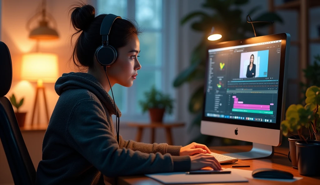 A young, focused woman is sitting in front of a computer, editing a video. She wears large, modern headphones, and your gaze is focused on the monitor, which displays a video editing software interface with multiple audio and video tracks, effects and editing tools. The environment is a cozy and well-organized work studio, with soft light illuminating the space. next to the computer, there is a table with notes, pens and a cup of coffee, suggesting that she is working hard. The woman has a relaxed look, with hair tied in a bun or ponytail, wearing a comfortable sweater. Monitor lighting reflects on your face, highlighting his concentration and dedication to the editing project."
