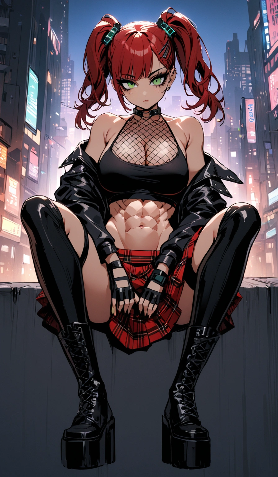 woman, stoic, curly red hair in pig tails, green eyes, black eyeshadow, wearing crop top black shirt, long black jacket, red plaid skirt, black knee high boots, black fingerless gloves, exposed shoulders, large breasts, freckles, abs, cleavage, looking down at viewer, masterpiece, best quality, Holo-Punk Style, cityscape, make up, eyelashes, fish net undershirt, fish net stockings, (full body), legs crossed