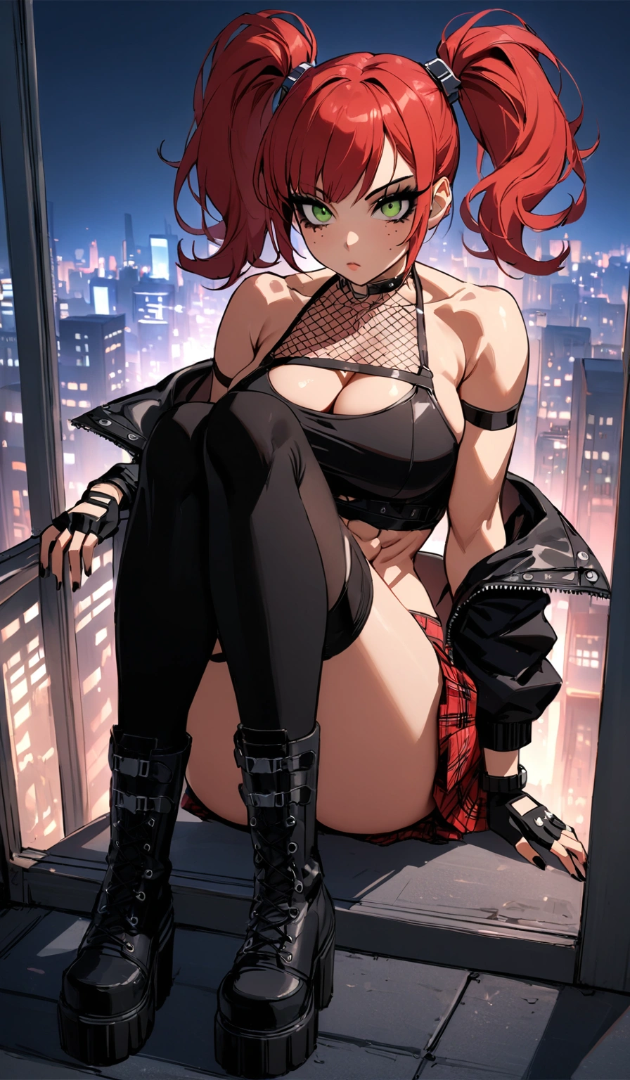 woman, stoic, curly red hair in pig tails, green eyes, black eyeshadow, wearing crop top black shirt, long black jacket, red plaid skirt, black knee high boots, black fingerless gloves, exposed shoulders, large breasts, freckles, abs, cleavage, looking down at viewer, masterpiece, best quality, Holo-Punk Style, cityscape, make up, eyelashes, fish net undershirt, fish net stockings, (full body), legs crossed