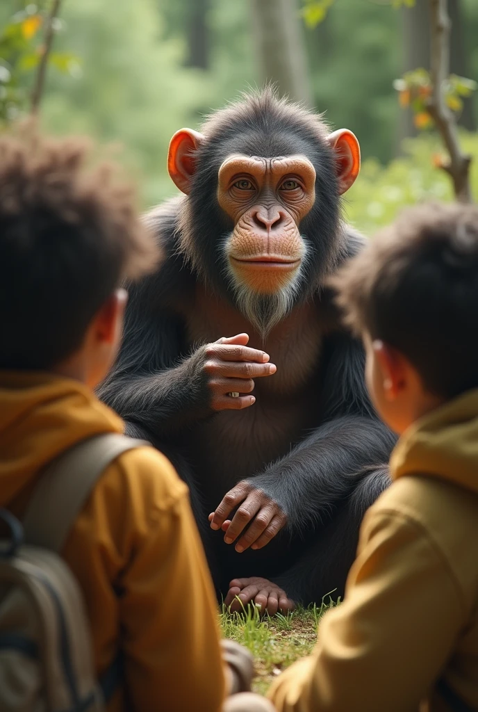  ape-person, With a satisfied smile, enseña a los demás words sencillas para objetos y acciones. The group begins to understand and use these "words" primitives.