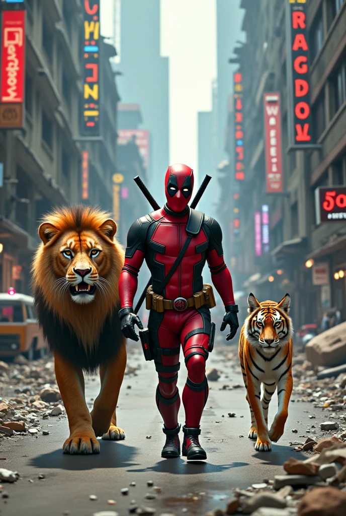 Deadpool with lion in horrible City walk in tiger and fox in 20184 years