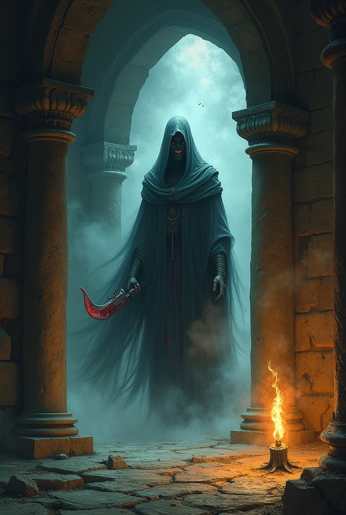 A haunted, ancient temple with flickering torches casting ominous shadows. A ghostly figure, the Narbali, is emerging from the her head in his hand, with a blood-stained ritual dagger in hand. The ghost has hollow eyes and a tormented expression without head, seeking revenge, with an aura of dark, swirling mist around them. In temple