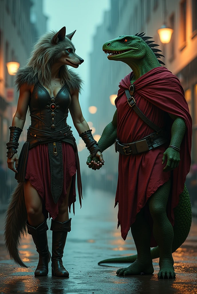 Female werewolf in viking costume holding hands with a green scaled lizard man, who is wearing a red tunic. Has a strong long tail in the rainy night city.