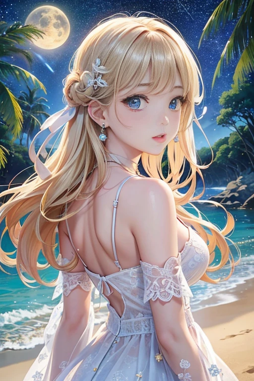 (masterpiece、Highest quality、8k、High resolution)、(The best beautiful girl)、Best Style、(The most beautiful face)、Beautiful Skin、Clean blue eyes、Beautiful Lips、Beautiful Nose、Blonde、Ample breasts、Walking on the beach、look back、Ocean、You can see the forest、A bright night with the stars clearly visible、Beautiful starry sky、milky way、(体whole bodyから神秘的な光の粒子、Colorful light)、The face is beautiful、(jewelry、necklace)、White lace dress、(whole body)、Highly detailed anime art、A complete portrayal、