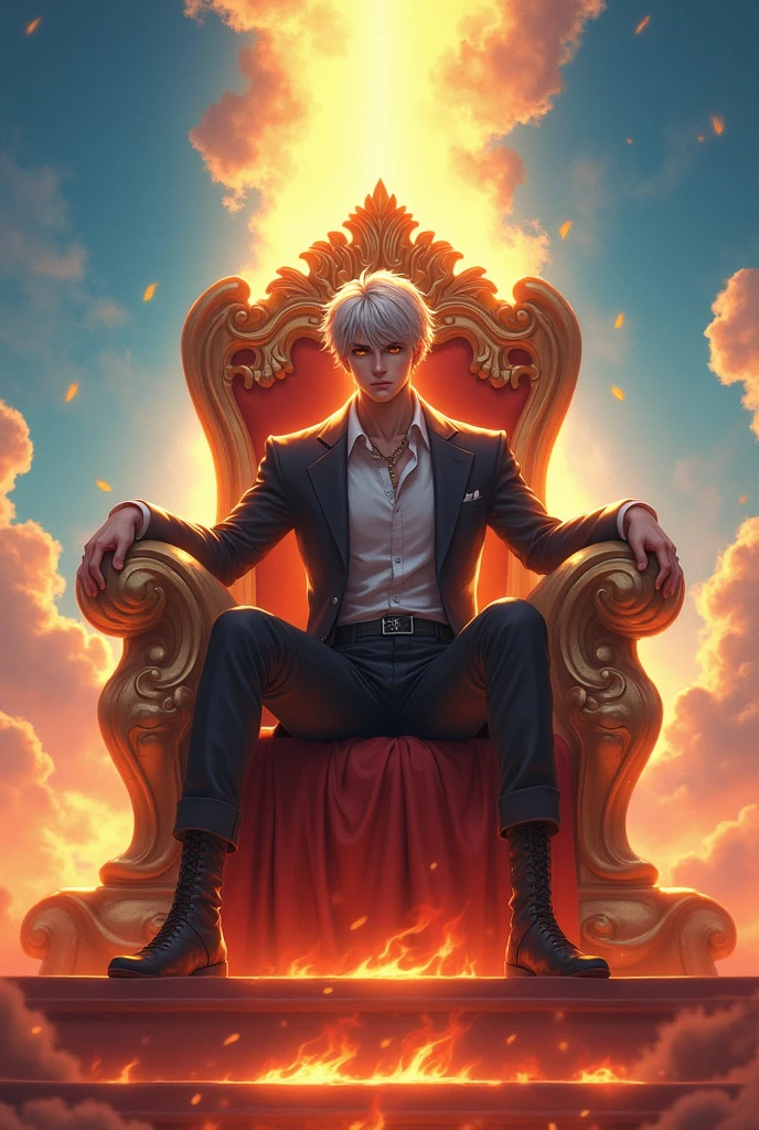 high détail, Clarity, 8 kkk, throne of fire, young guy, 1, light gray hair, shorth hair, yellow eyes, with blue sky behind, fiery steps to heaven to the throne in front, 真实感, fancy,