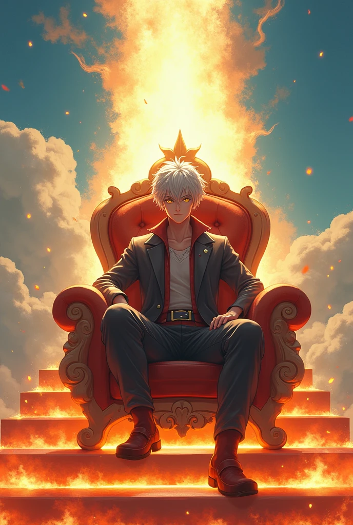 high détail, Clarity, 8 kkk, throne of fire, young guy, 1, light gray hair, shorth hair, yellow eyes, with blue sky behind, fiery steps to heaven to the throne in front, 真实感, fancy,