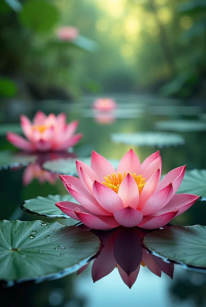 Lotus flower that are in bashing filled with water and flowers float on water with droplets on it