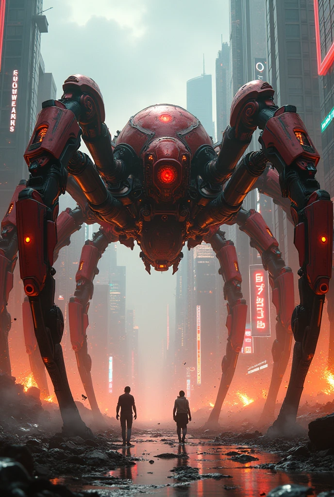 A robotic giant ruttile spider distroying the neon buildings around the city with its legs. Non green and blue picture