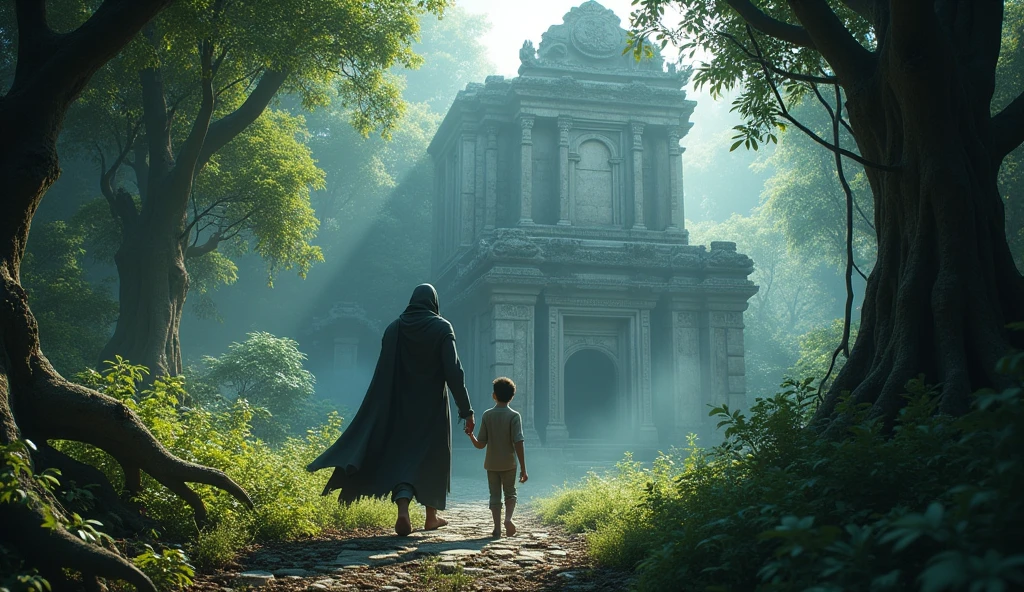 In 3D animation style:**The mysterious man leading Ramesh** to the old, crumbling, and overgrown ruins at the edge of the village.