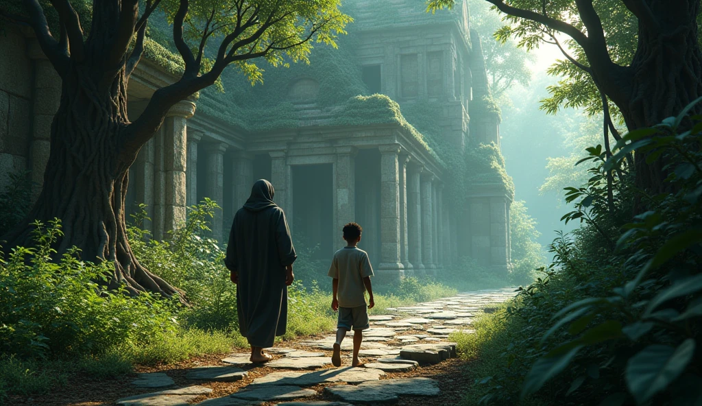 In 3D animation style:**The mysterious man leading Ramesh** to the old, crumbling, and overgrown ruins at the edge of the village.