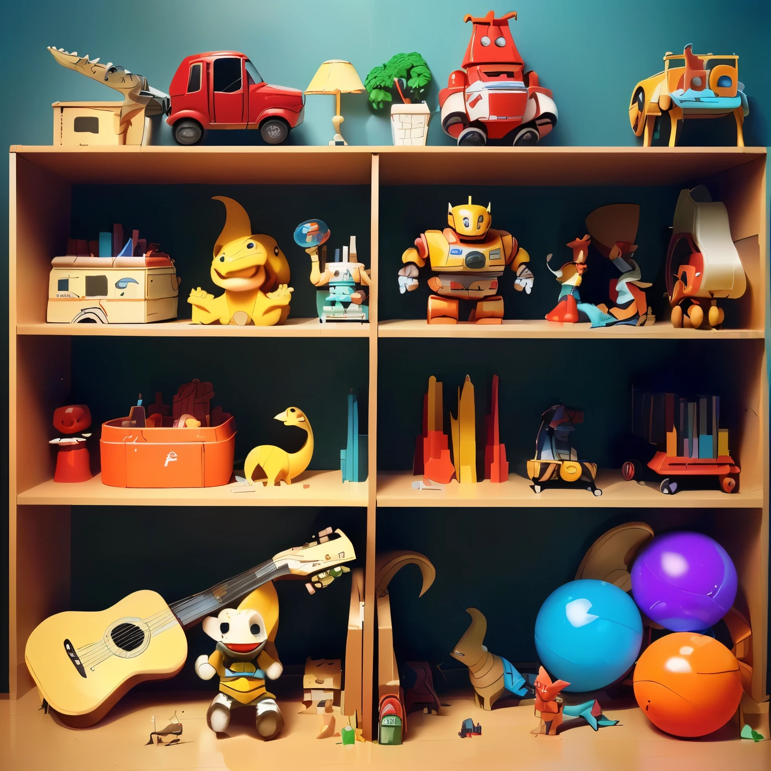 A book child illustration of a shelf with several toys for 5  boy (exemple: red car toy, robots, cowboy toy, little dinossaur, bowling game, guitar, plastic animal