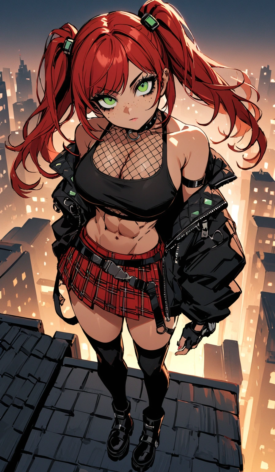 woman, stoic, curly red hair in pig tails, green eyes, black eyeshadow, wearing crop top black shirt, long black jacket, red plaid skirt, black knee high boots, black fingerless gloves, exposed shoulders, large breasts, freckles, abs, cleavage, looking up at viewer, masterpiece, best quality, Holo-Punk Style, on a rooftop, make up, eyelashes, fish net undershirt, fish net stockings, (full body)