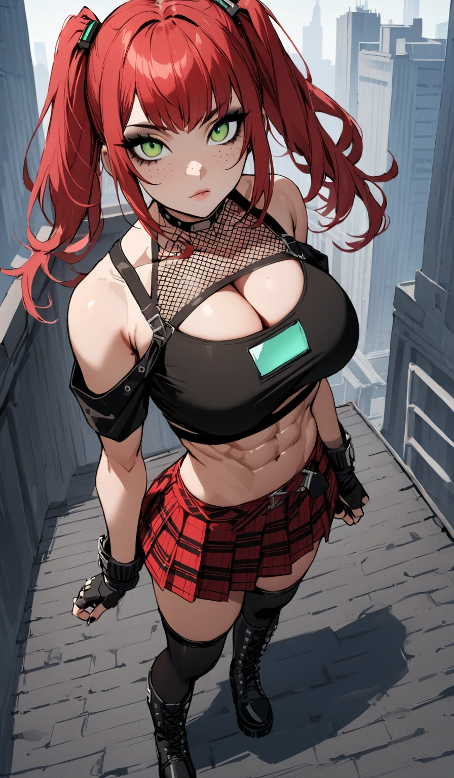 woman, stoic, curly red hair in pig tails, green eyes, black eyeshadow, wearing crop top black shirt, long black jacket, red plaid skirt, black knee high boots, black fingerless gloves, exposed shoulders, large breasts, freckles, abs, cleavage, looking up at viewer, masterpiece, best quality, Holo-Punk Style, on a rooftop, make up, eyelashes, fish net undershirt, fish net stockings, (full body)