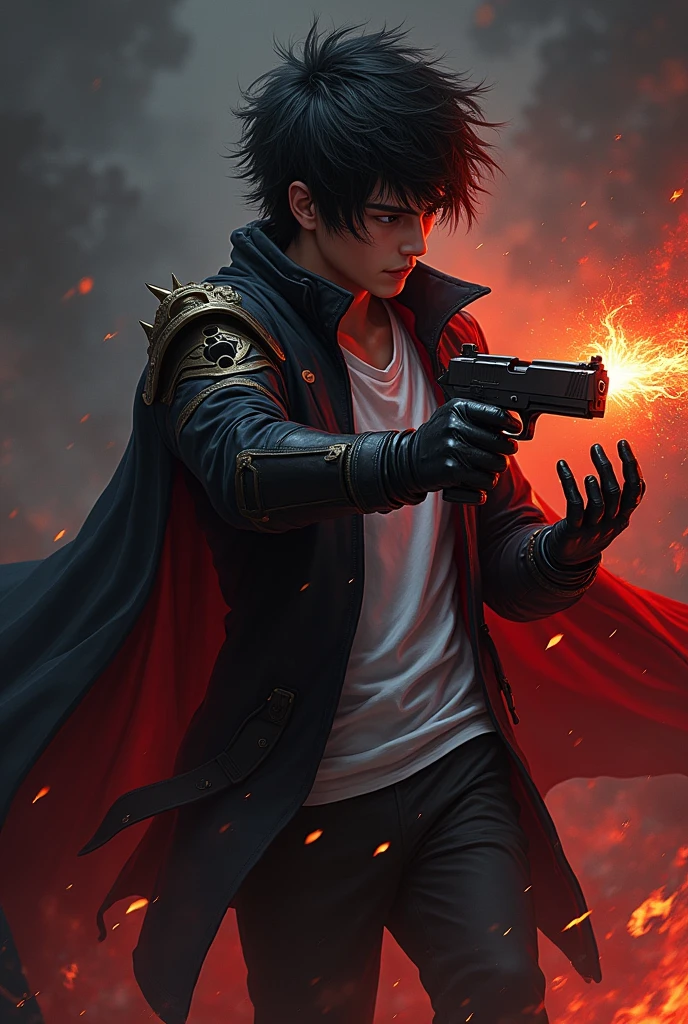 **hair**: I might have dark, messy hair, with pointed tips resembling flames or shadows, giving it a dynamic and powerful look. **CLOTHES**: He would wear a long, dark cloak, maybe with red details, that floats dramatically around him. stylized in the shoulders and arms. **Accessories**: I could wear a pair of gloves with shiny details, and maybe a mask that covers part of your face, adding a mysterious air. . **Posture**: I would be in a pose of action power or controlling dark elements. . **bottom**: A dark background or red and black tones, that highlights the contrast with the character, giving a feeling of intensity and strength. He is young in a tuxedo-type suit and has a Tommy gun and next to him is his friend in a white sweatshirt mixed with dark and wears normal glasses with dark eyes with a gun in his hand and has disheveled hair. He is a young man, there are only 2 in the image, one of them is wearing a white sweatshirt mixed with black and does not wear glasses, both of them kill people.