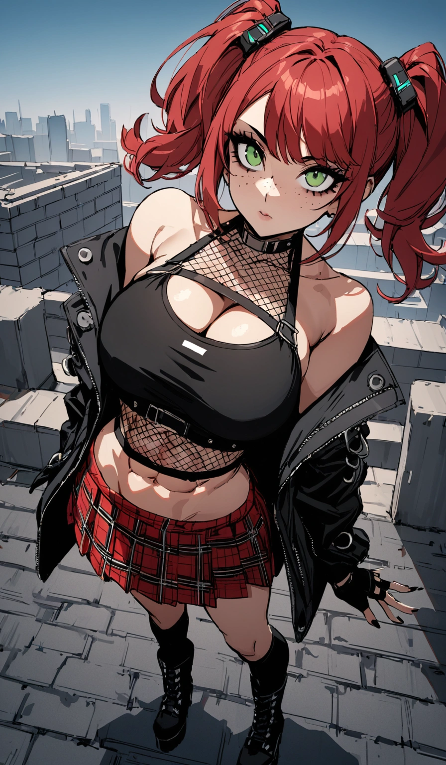 woman, stoic, curly red hair in pig tails, green eyes, black eyeshadow, wearing crop top black shirt, long black jacket, red plaid skirt, black knee high boots, black fingerless gloves, exposed shoulders, large breasts, freckles, abs, cleavage, looking up at viewer, masterpiece, best quality, Holo-Punk Style, on a rooftop, make up, eyelashes, fish net undershirt, fish net stockings, (full body)