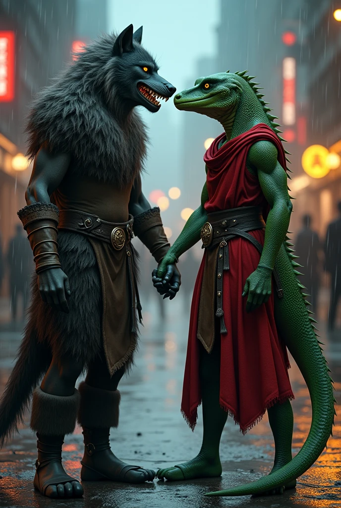 Female werewolf in viking costume holding hands with a green scaled lizard man, who is wearing a red tunic. Has a strong long tail in the rainy night city.