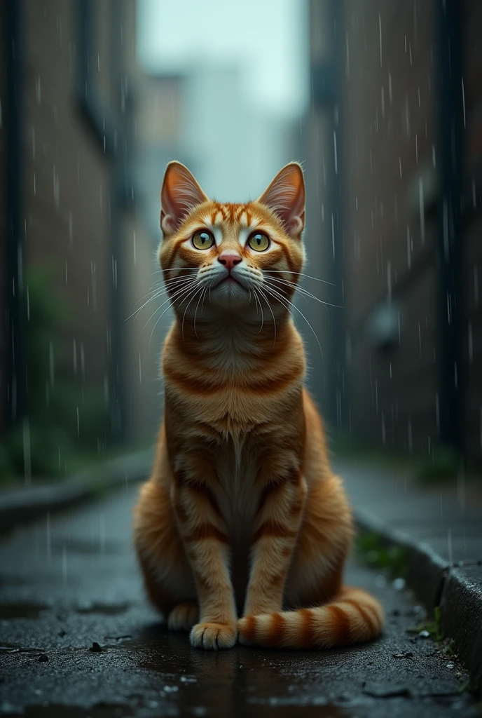 A forlorn, stray cat sitting in a dimly lit alley, rain softly falling around it. The cat looks up with sad, hopeful eyes. The cat is ginger in colour