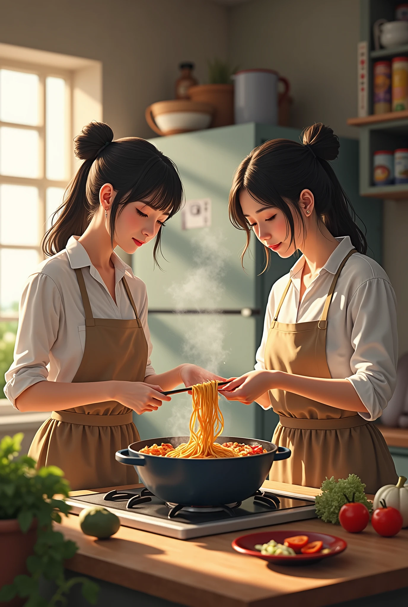 women cook ramen