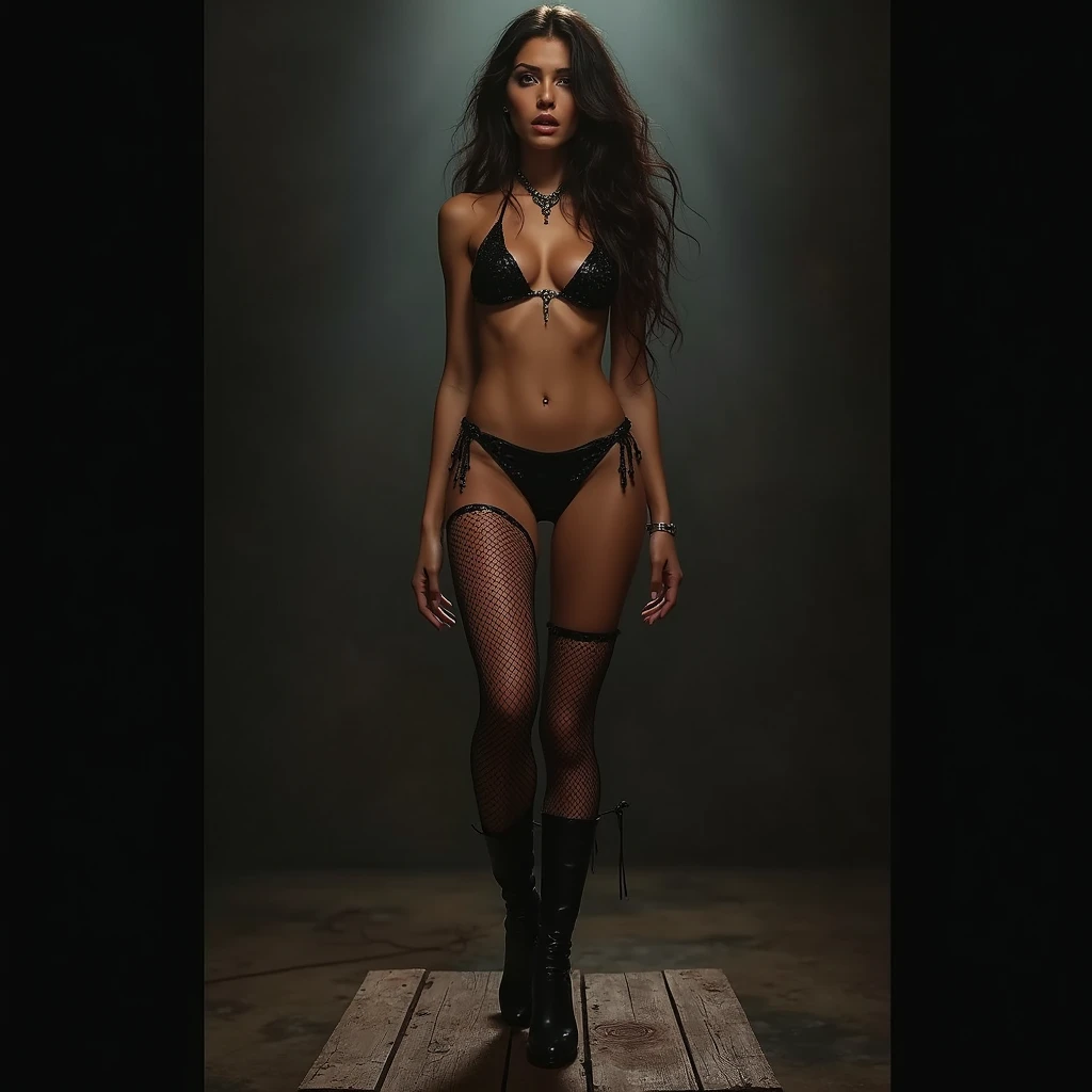 beautiful young brunette woman, oiled, make up, wearing a shiny black bikini, fishnet leggings, Stiletto boots, ((small metal slave collar)), standing on a auction block, (looking scared and ashamed)