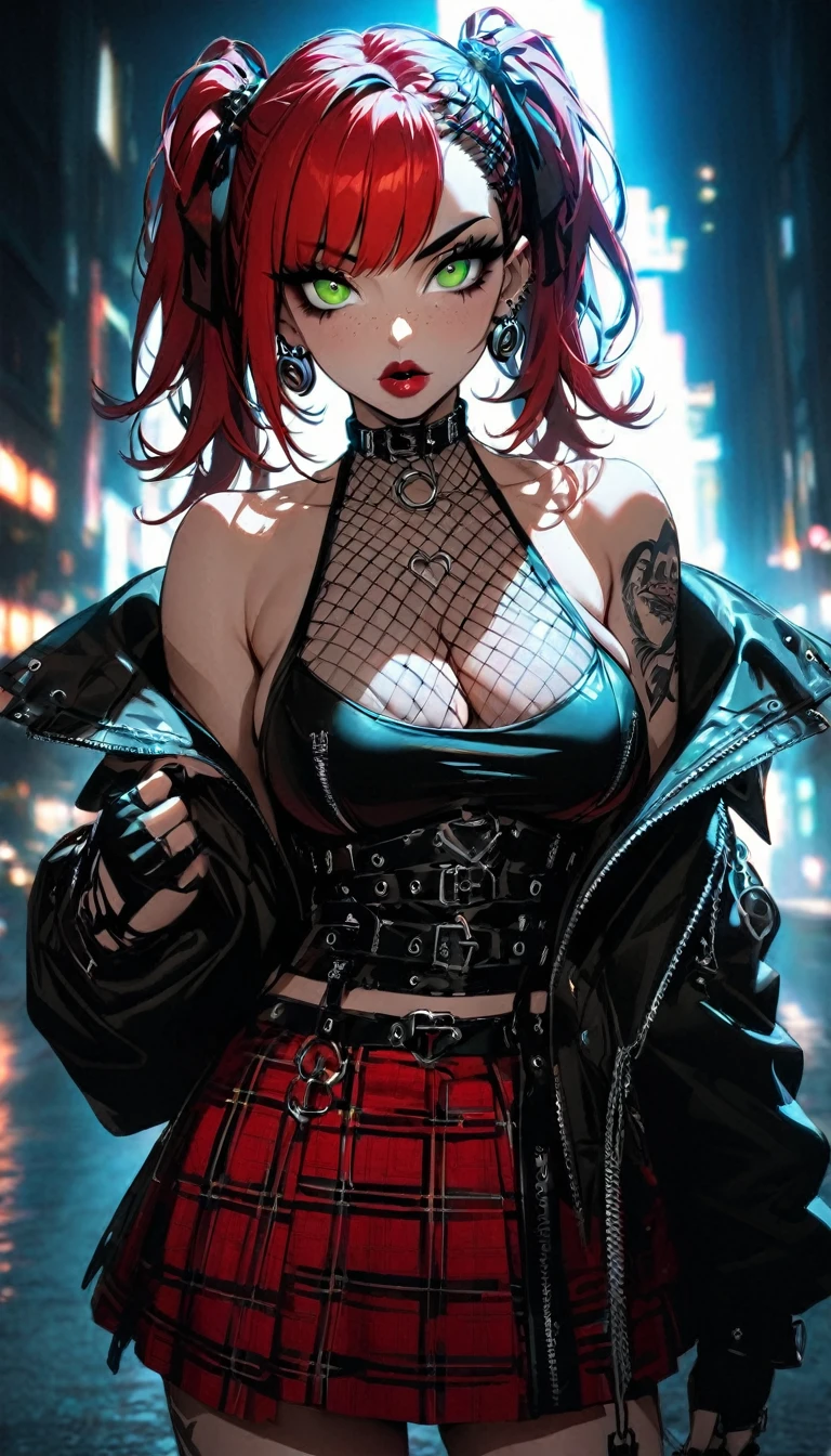 woman, curly red hair in pig tails, green eyes, eye shadow, long black jacket, red plaid skirt, black finger-less gloves, exposed shoulders, large breasts, freckles, cleavage, fishnet undershirt, looking at viewer, Holo-Punk Style, goth, earrings, eyelashes, jewelry, lips, makeup, solo, tattoo, punk aesthetic, foreshortening, cinematic lighting, masterpiece, best quality