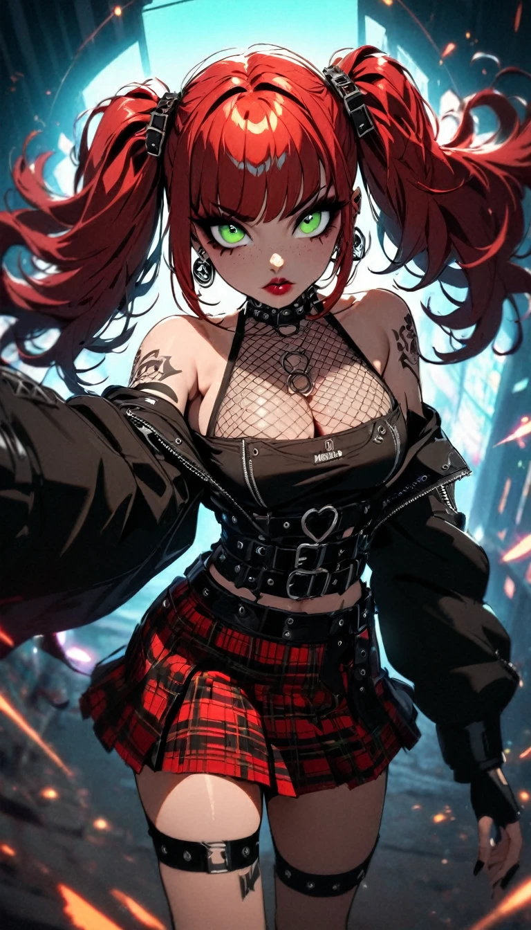 woman, curly red hair in pig tails, green eyes, eye shadow, long black jacket, red plaid skirt, black finger-less gloves, exposed shoulders, large breasts, freckles, cleavage, fishnet undershirt, looking at viewer, Holo-Punk Style, goth, earrings, eyelashes, jewelry, lips, makeup, solo, tattoo, punk aesthetic, foreshortening, cinematic lighting, masterpiece, best quality