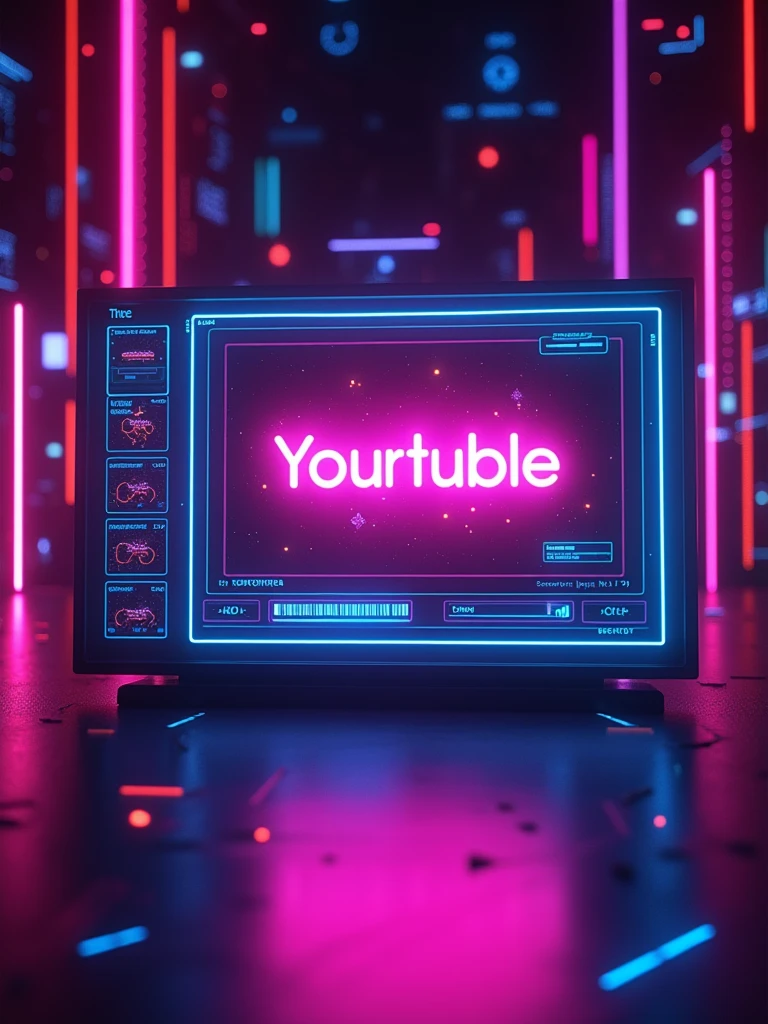 A modern cover design featuring a central form screen with a video player displayed beneath it. The form is designed for generating YouTube video titles, with the video player showcasing a highlighted title in bold, neon lettering. The overall aesthetic is cyberpunk, with vibrant colors like neon pinks, purples, and blues set against a dark, gradient background. Surrounding the form and video player are glowing geometric patterns and digital effects, emphasizing a futuristic and high-tech environment. The video title is prominently displayed, drawing the viewer's attention. The lighting is diffused and artificial, creating an immersive cyberpunk atmosphere. The image is captured with a Sony A7R IV using a wide-angle lens, ensuring the design is detailed and sharp, with a vibrant color palette to enhance the overall impact.